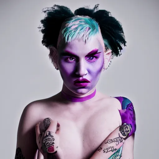 Image similar to a woman with pink hair, purple eyebrows, and a septum ring, editorial photography