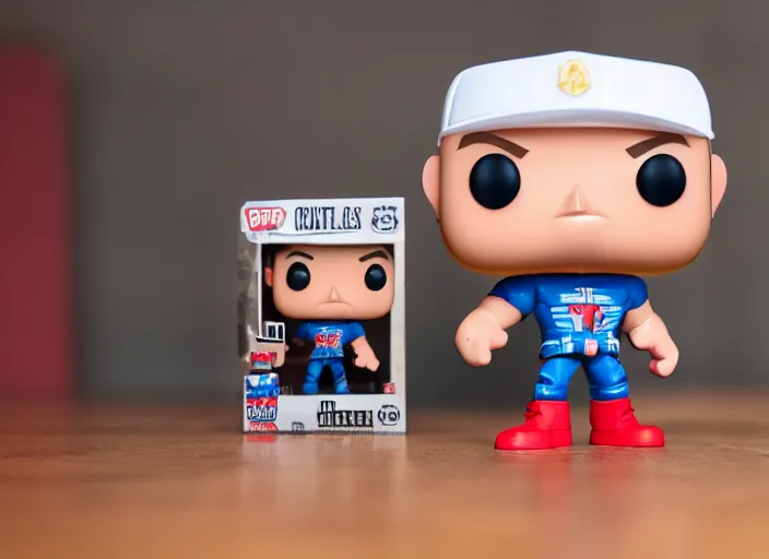 Image similar to product still of John Cena funko pop with box, 85mm f1.8