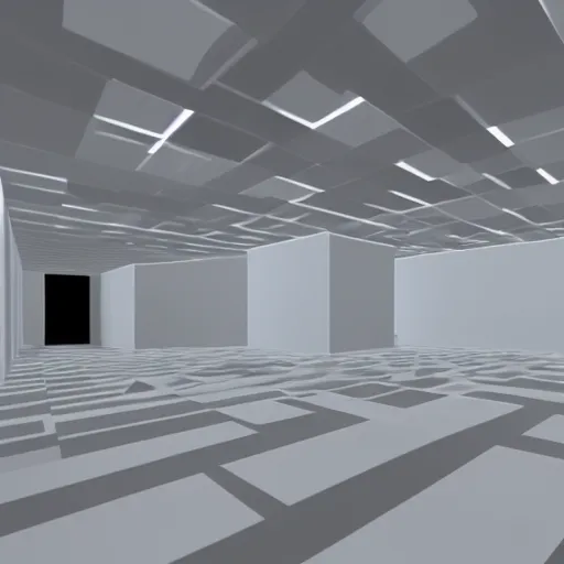 Prompt: inside a large cubic white room with, 3 d perspective, virtual reality