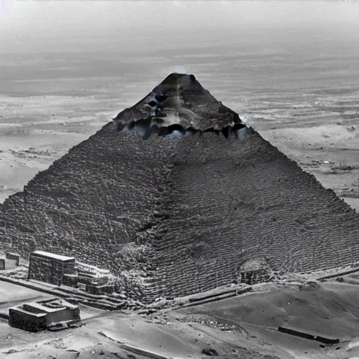 Image similar to an aerial photograph of the great pyramid of giza at the early stages of construction with heavy scaffolding in place, the top of the pyramid has not been built and is not visible, dslr