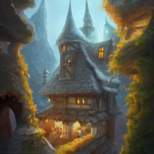 Prompt: a highly detailed fantasy digital art trending on artstation by andreas rocha of a house made of swiss cheese