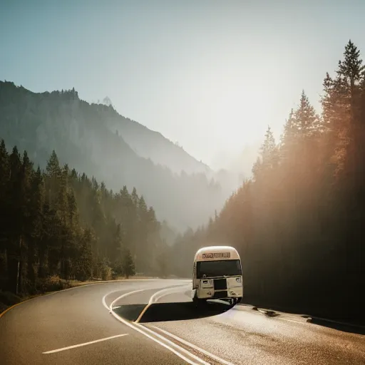 Image similar to white - blue bus on misty highway scene, the sun shining through the mountain peaks