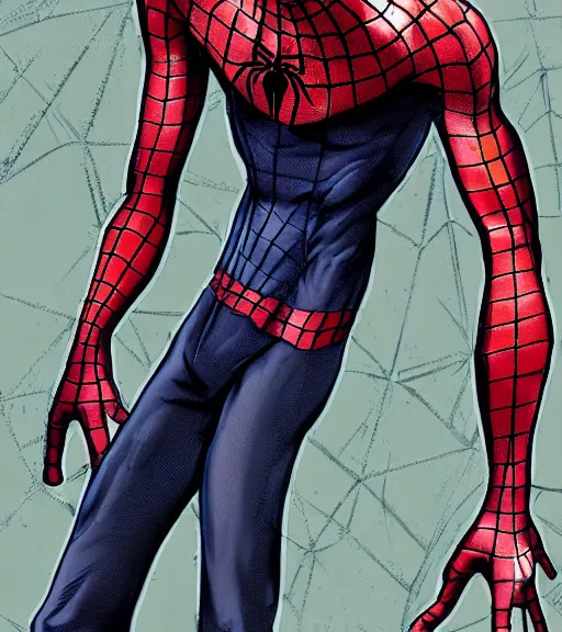 Prompt: very handsome peter parker with his spider suit around his waist, looking seductive, digital art