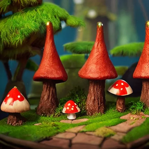 Prompt: A cute mushroom house with smoking chimney, glowing windows on the floor of the enchanted forest. stop motion set from the Box Trolls, medium shot, might cinematic lighting, sharp, high detail