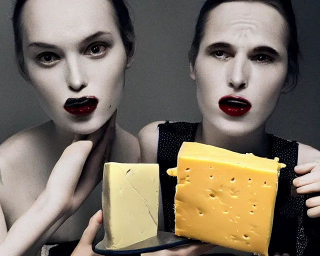 Prompt: incredible strange absurd closeup artwork of androids tasting cheese, finding it very weird but yet tasteful at the same time, weird tasting ritual of cheese products in the style of tim walker fashion photography