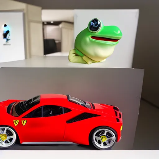 Prompt: architectural model + pepe the frog + ferrari, studio lighting, low contrast, single building, arsitektur nusantara, dynamic lighting, 1 0 0 0 0 mm,, depth detailed