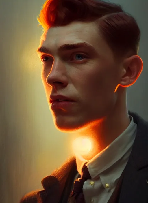 Image similar to portrait of archie andrews, freckles, curly peaky blinders hair, intricate, elegant, glowing lights, highly detailed, digital painting, artstation, concept art, smooth, sharp focus, illustration, art by wlop, mars ravelo and greg rutkowski