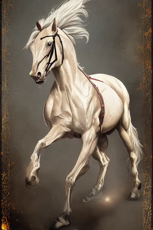 Image similar to 3 quarter view photography portrait of a prince stalion horse , organed, tatooed, intricate details, muscles, elegant, divine, illustrated by greg rutkowski and Akira Saito and Peter mohrbacher, 4k,