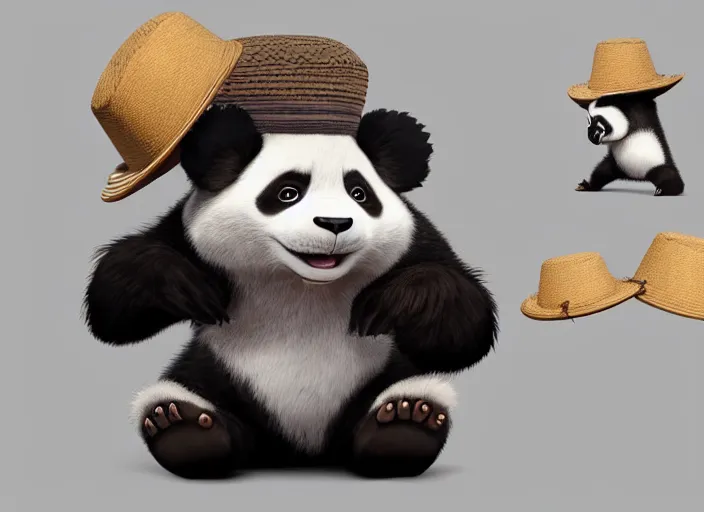 Image similar to award - winning detailed concept art of a cute iconic anthropomorphic panda character wearing a straw hat. art by wlop on bcy. net, realistic. detailed feathers, art by cheng yi. artstationhd, artgerm, 3 dcg, pixar zootopia. 3 d rendering, high quality model sheet, disney. model sheet detailed