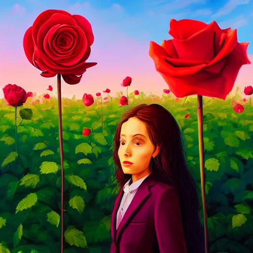 Image similar to closeup, giant rose flower head, portrait, girl in a suit, surreal photography, sunrise, blue sky, dramatic light, impressionist painting, digital painting, artstation, simon stalenhag