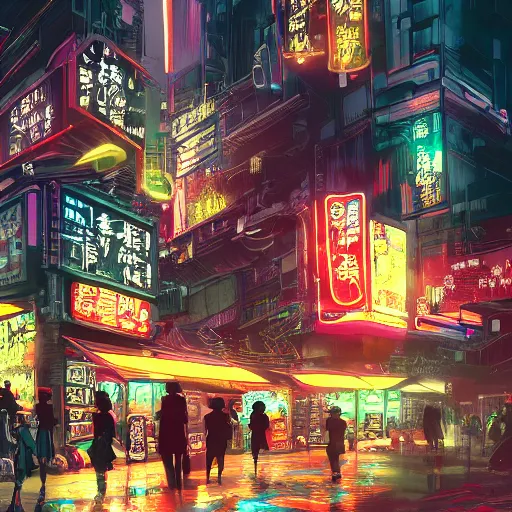 Prompt: a cyberpunk dark marketplace with heavy asian stylistic influences. the market place is where people come to buy and sell their dreams. people are reveling in the delight of experience the highly surreal dreams of others. concept art, artstation, cinematic lighting, highly detailed, 8 k, sharp render