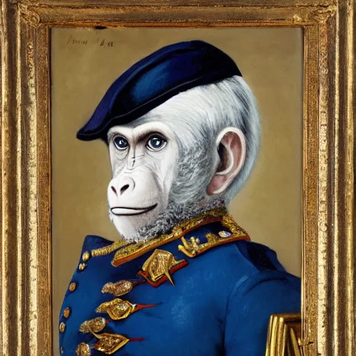 Prompt: An exquisite modern painting of a monkey dressed like a bearded Napoleon with correct military uniform, no frames