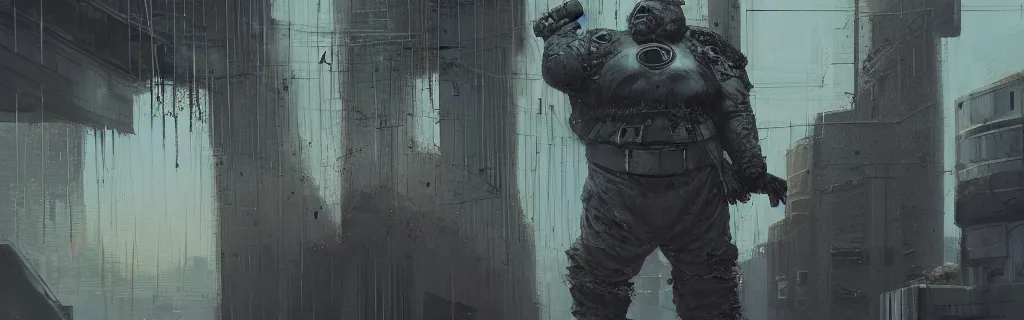 Image similar to portrait of a fat man sci fi soldier ranger, brutalist city architecture, dark epic, cables and wires, high details, ceremonial clouds, dripping paint, fibonacci rhythm, artstation, art germ, wlop, pablo dominguez, sabbas apterus, award - winning, artstation