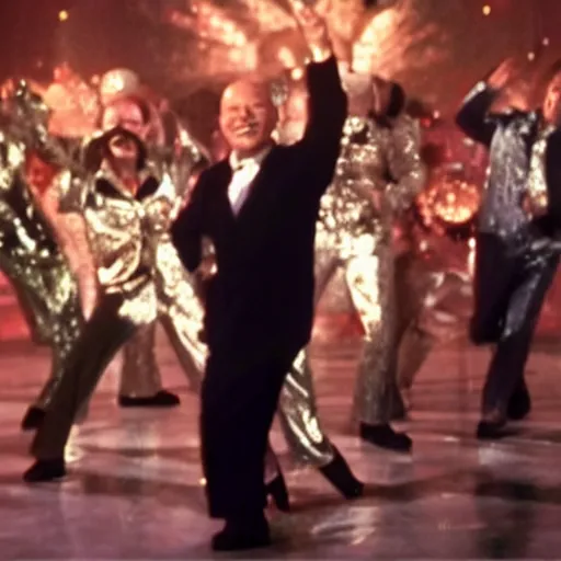 Image similar to A still of Khrushchev wearing a disco suit in Saturday Night Fever