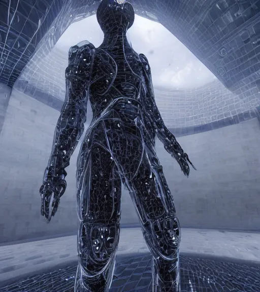 Image similar to aura of the ancient destroyed majestic tower of babylon, geometrieva in a gantz suit, futuristic cyber clothing, transparent puffer jacket, tarkovsky greatest scene, hyperealistic, blockchain, cyber world, ambient lighting, concept art, intricate, hyper detailed, smooth, dynamic volumetric lighting, ocatane, ray trace, cinematic, high quality, cgsociety