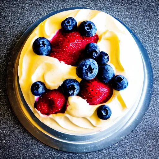 Image similar to A photo of a cake from the side with cream on the sides and strawberries, raspberries and blueberries in circles on top. Sun in back. 4K. Cinematic lighting. High detail. Realistic. Delicious