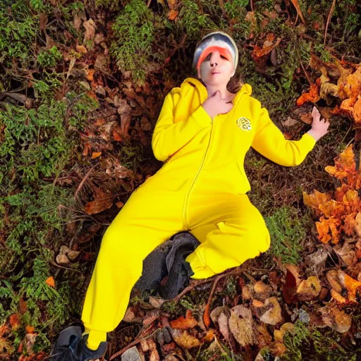 Image similar to young female wearing a yellow velor sweat suit lying dead on the ground in a forest covered by dark colored leaves and twigs