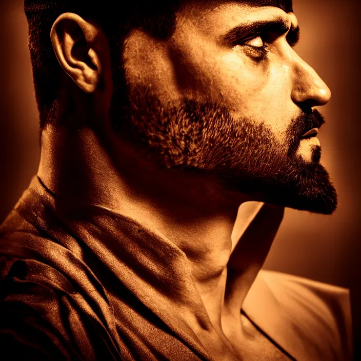 Prompt: cinematic bust portrait, sheikh, sultan, emir, head and chest only, almur, contemporary, masterpiece, cinematic composition, dramatic pose, beautiful lighting, sharp, details, hyper - detailed, hd, 4 k