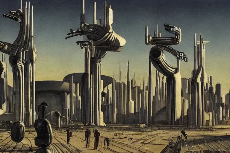 Prompt: cyborgs wander cybernetic architecture alien scifi landscape concept art by giorgio de chirico