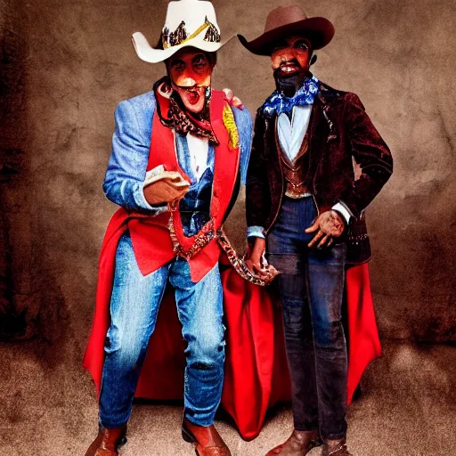 Image similar to king von laugh with fbg dug ( circa 1 9 0 1 ) in cowboy suit, theyre used red and blue bandana, photorealistic, based on real event