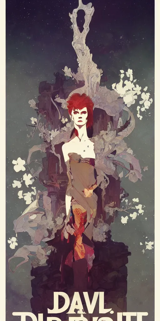 Image similar to Poster artwork, David Bowie, medium shot, details, sharp focus, illustration, by Jordan Grimmer and Alphonse Mucha and greg rutkowski and PiNe (パイネ) and 薯子 Imoko and 香川悠作 and maya takamura, intricate, beautiful, Trending on artstation, pixiv, digital Art