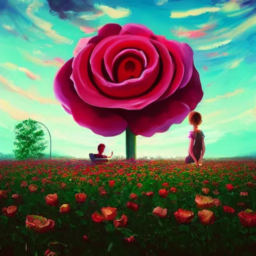 Image similar to giant rose flower as a head, full body girl sitting in a flower field, surreal photography, sunrise, dramatic light, impressionist painting, colorful clouds, digital painting, artstation, simon stalenhag