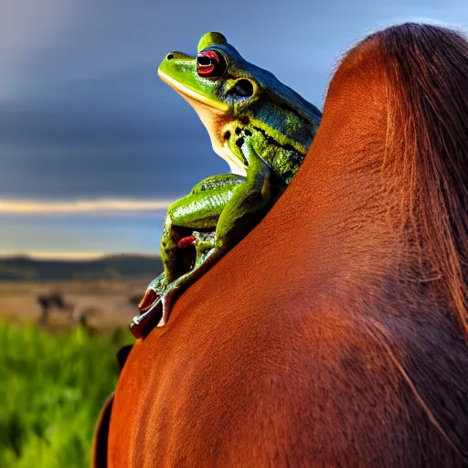 Prompt: a frog on the back of a horse riding into the sunset, realistic photography 8k