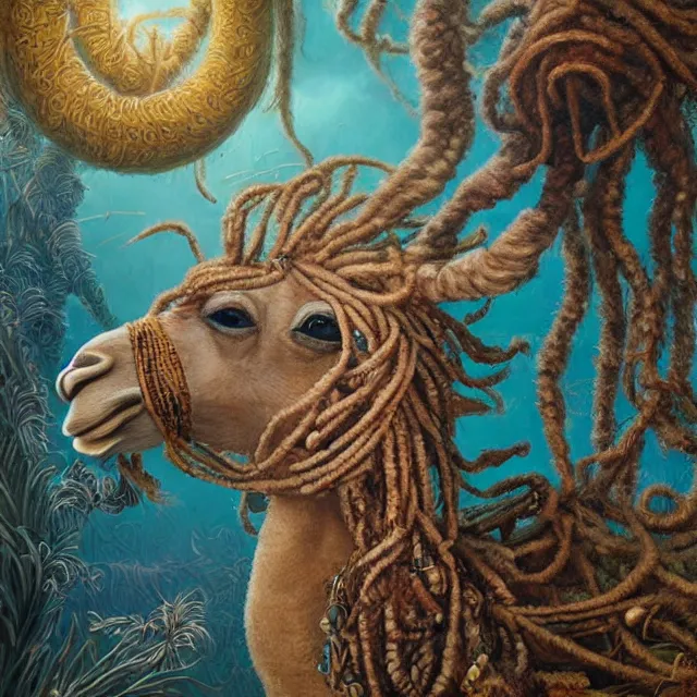 Prompt: llama with dreadlocks, by mandy jurgens, ernst haeckel, james jean. in the style of aqua