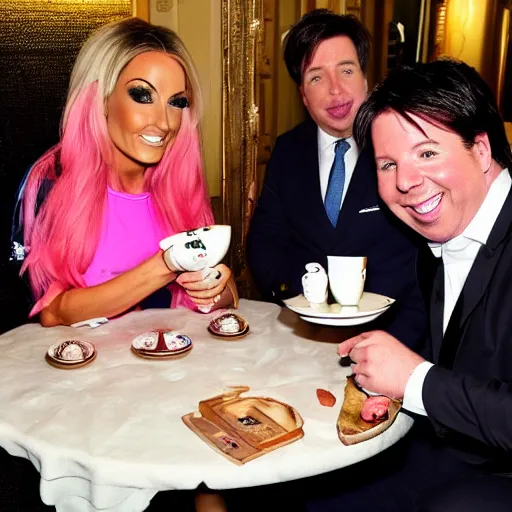 Prompt: jodie marsh & Michael mcintyre & pepper pig having tea at the ritz