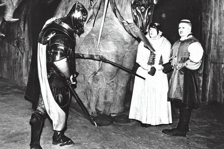 Prompt: an very old photo of monster staring at a gentleman at the medieval times