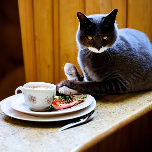 Image similar to dinner for one, but it is with cats, 5 5 mm