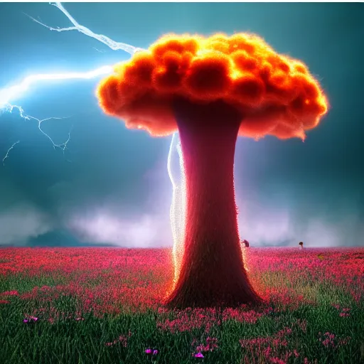 Image similar to a dramatic nuclear explosion but with flowers, mushroom, dramatic lightning, octane render, cinematic rendering, 8k