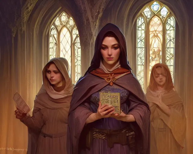 Image similar to photography of the three marys at the sepulchre, deep focus, d & d, fantasy, intricate, elegant, highly detailed, digital painting, artstation, concept art, matte, sharp focus, illustration, hearthstone, art by artgerm and greg rutkowski and alphonse mucha