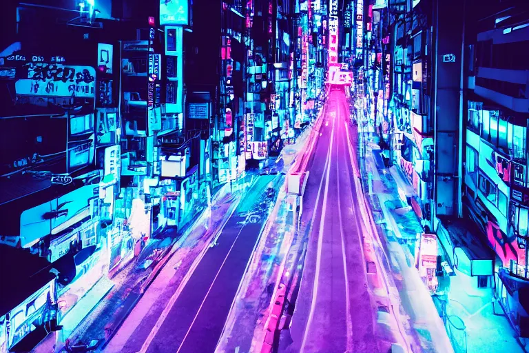 Image similar to aerial photo of neon tokyo street at night futuristic aesthetic matte painting, wallpaper, unsplash, colorful, neon blue color, vaporwave,