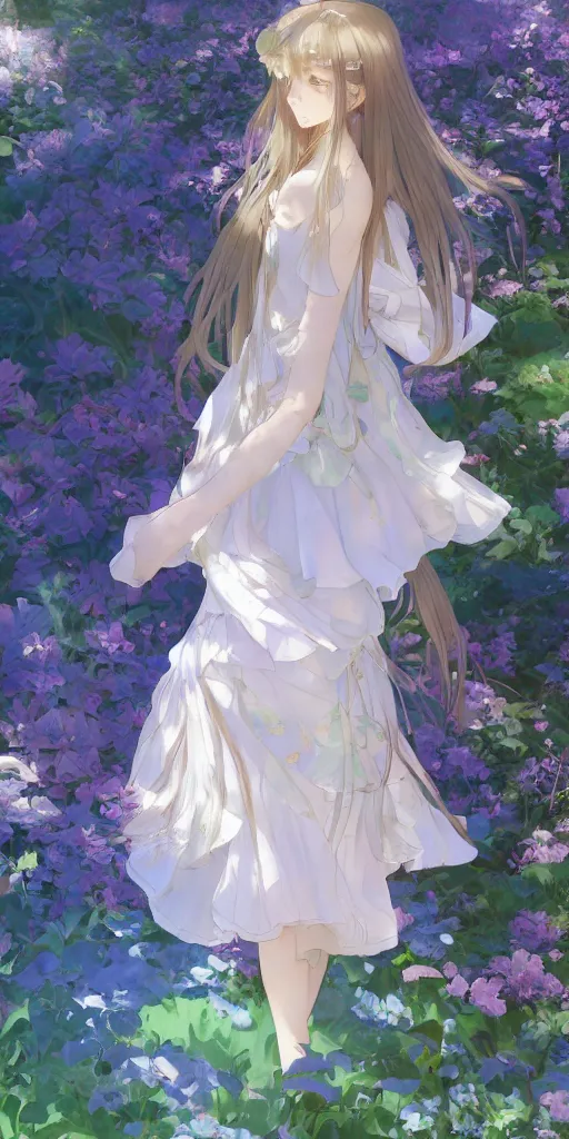 Image similar to a digital art of a loli with long hair in a dress in the privet garden at after noon, green and blue and warm theme, back lighting, highly detailed, 4 k resolution, trending on art station, elegant, depressed, by krenz cushart and mucha and akihito yoshida and greg rutkowski and makoto shinkai