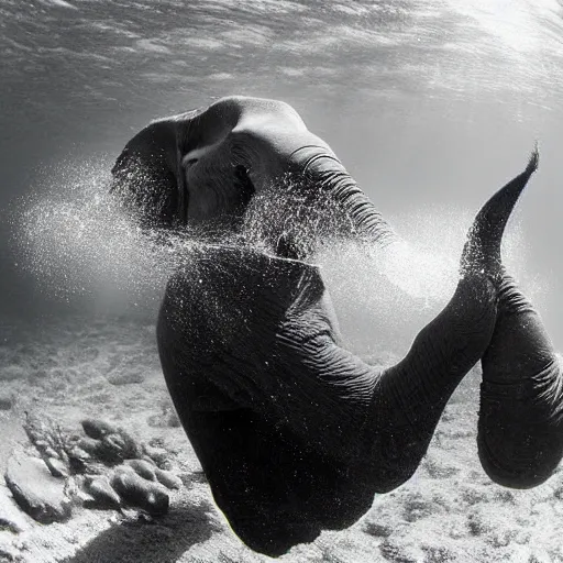 Prompt: underwater photograph of an elephant, bubbles