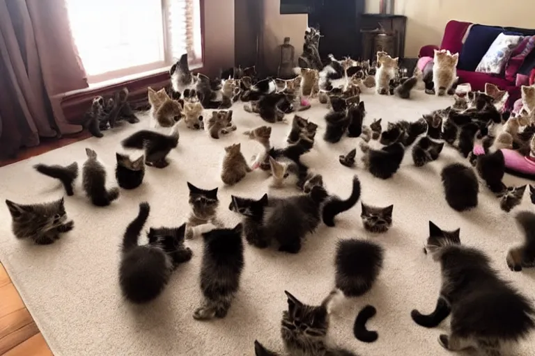 Image similar to a living room full of cute kittens that are all sitting positioned facing directly at the camera and all of the kittens are looking directly into the camera