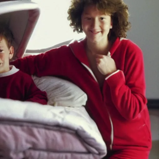 Prompt: mark zuckerberg in a red pajama onesie getting tucked into a racecar bed by his mom circa 1 9 9 3