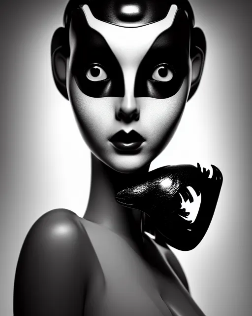 Image similar to surreal mythical dreamy dark artistic black and white fine art 3 / 4 fashion portrait photo of a young beautiful delicate female robot with orchid - owl face, rim light, cinematic, studio dramatic light, poetic, masterpiece, octane render, 8 k, photo - realistic by hg giger and man ray