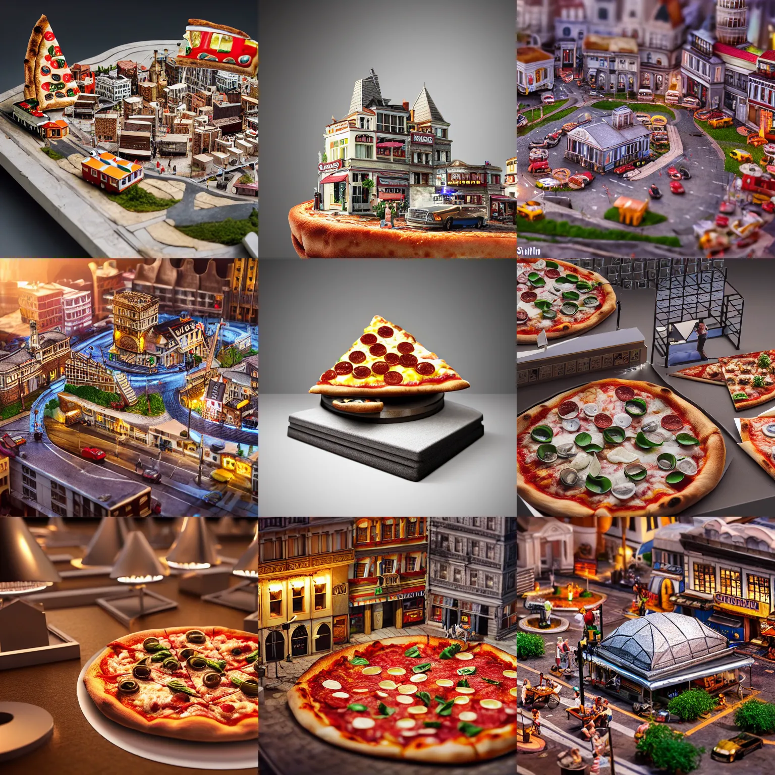 Prompt: a miniature city built on a pizza,photorealiatic,hyperdetailed,hyperrealistic,studio lighting,studio photography,professional photography,professional lighting,detailed face,3 point lighting,4k