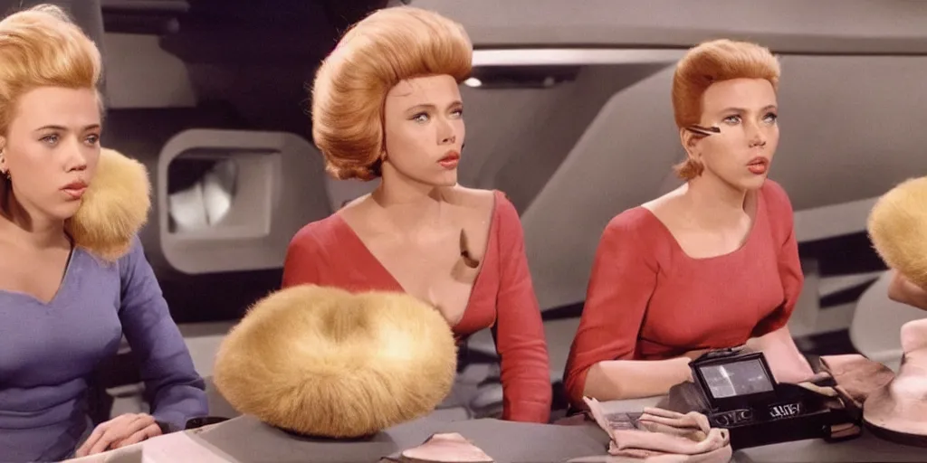 Image similar to Scarlett Johansson and Tribbles in a scene from Star Trek the original series