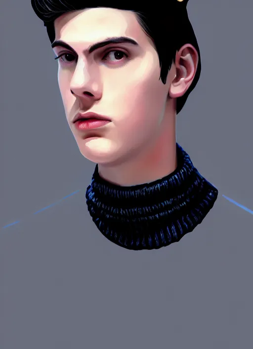 Image similar to portrait of teenage jughead jones wearing a light grey crown, crown, blue turtleneck, 1 9 5 0 s, closed eyes, photorealistic, black hair, glowing lighting, intricate, elegant, glowing lights, highly detailed, digital painting, artstation, concept art, smooth, sharp focus, illustration, art by wlop, mars ravelo and greg rutkowski