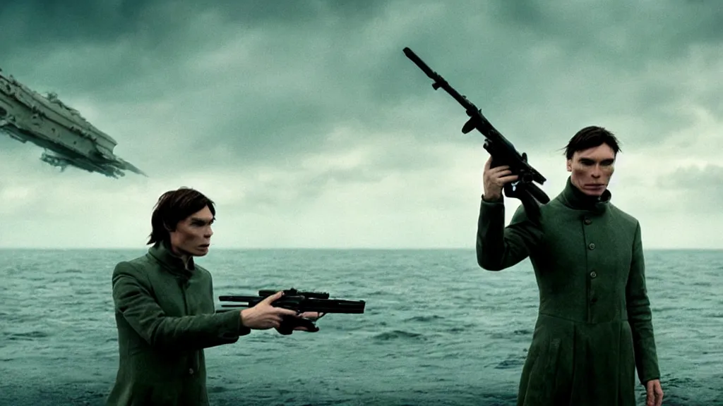 Image similar to photo of Cillian Murphy holding a Thompson, coming out of the ocean, extreme detailed face, spaceship far on the background, film still from the movie directed by Denis Villeneuve with art direction by Zdzisław Beksiński, wide lens