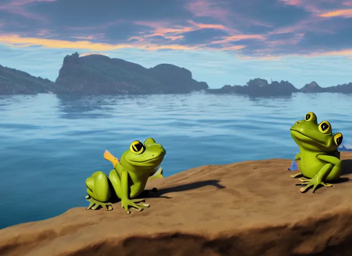 Image similar to independent picture scenery artwork in style by svebeck & tamasaki, rendering of 🐸 and 🐥 talking on the calm sea, sunset, few clouds, matte painting, trending on artstation and unreal engine