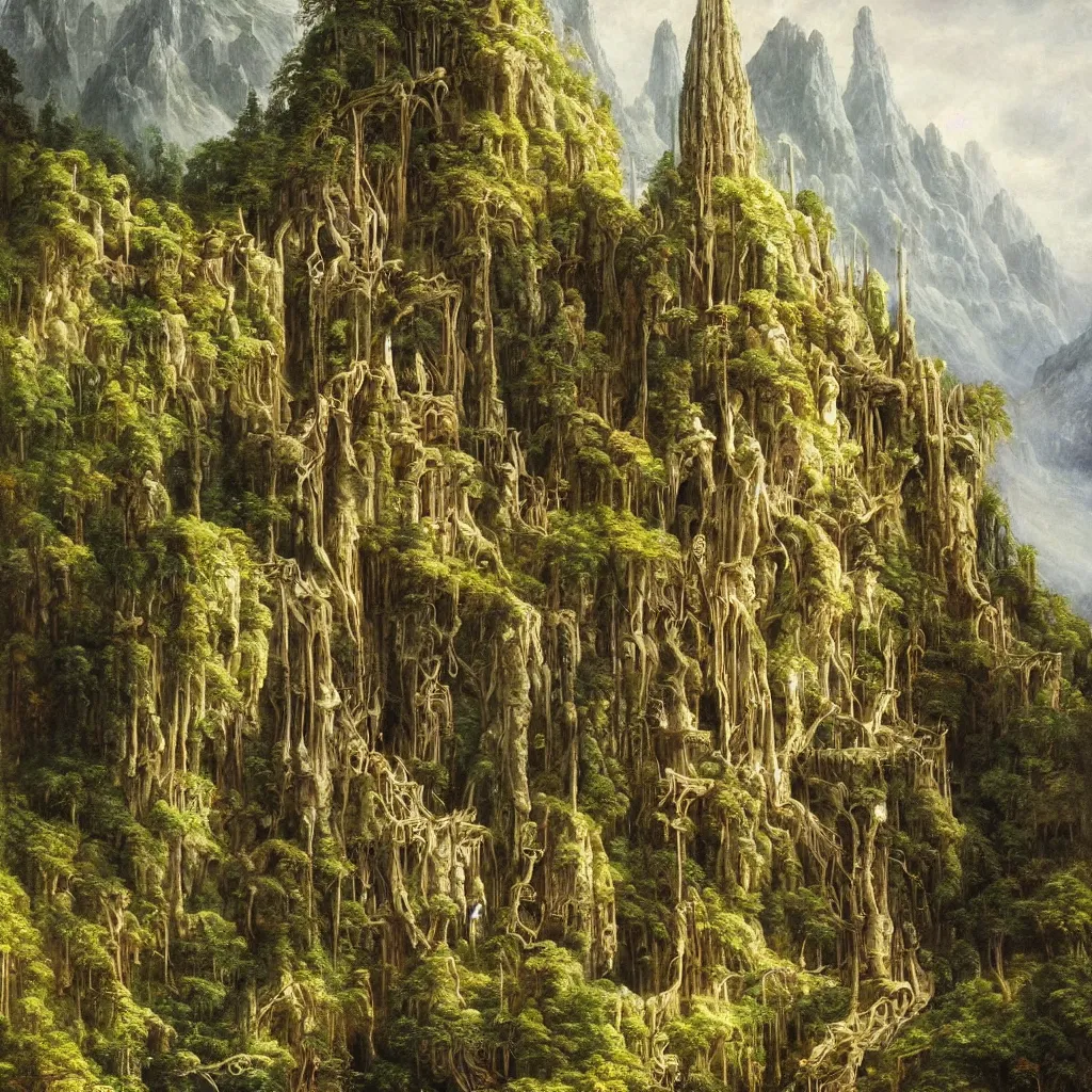 Image similar to A beautiful and highly detailed oil painting of an elven temple in the mountains, detailed trees and cliffs, intricate details, rivendell, 8k, sharp focus, hyper realism, by Caspar Friedrich,