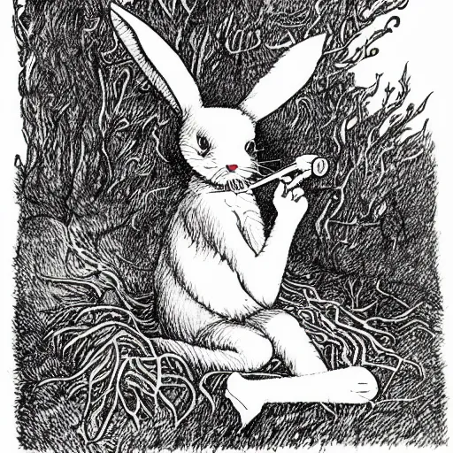 Image similar to a pen and ink drawing of a white rabbit smoking a cigarette while reclining in a deep dark tangled forest, a lingering smoke cloud, childrens book illustration, by edward gorey, by gustav dore