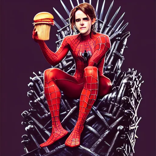 Image similar to emma watson in a spiderman suit sitting on the iron throne, eating a hamburger, photorealistic, highly detailed, artstation, smooth, anatomically correct, art by michael whelan, artgerm, greg rutkowski and alphonse mucha