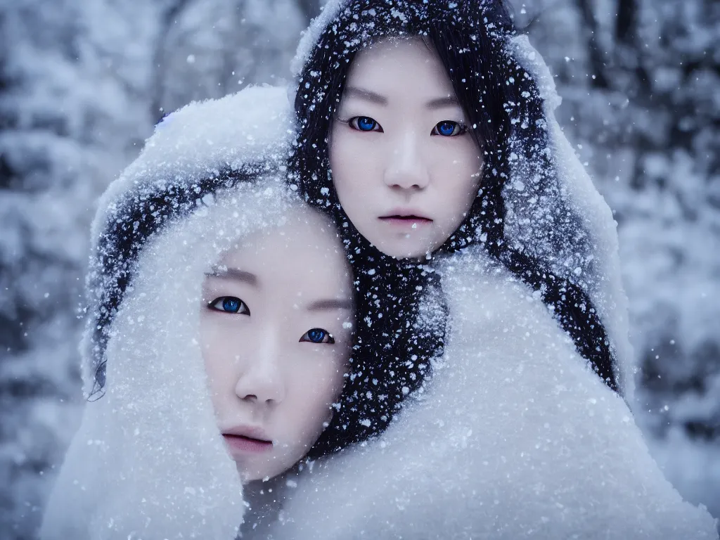 Image similar to the piercing stare of yuki onna, snowstorm, blizzard, mountain snow, canon eos r 6, bokeh, outline glow, asymmetric beauty, billowing cape, blue skin, centered, rule of thirds