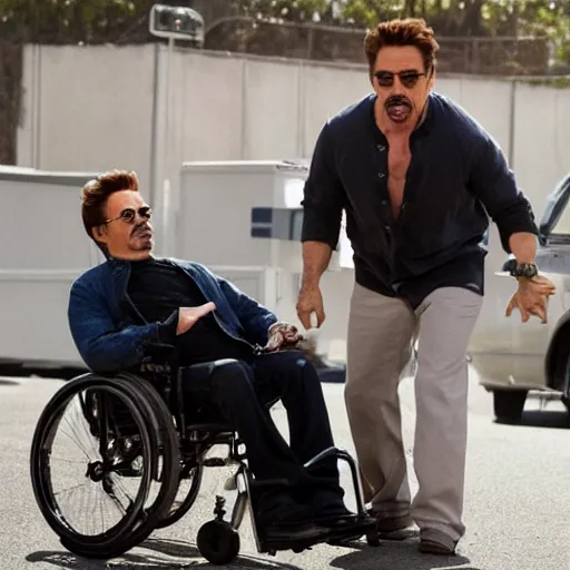 Prompt: robert downey jr. starring in weekend at bernie's. movie poster. comedic. cinematic lighting. robert downey jr. in a wheelchair pushed by dwayne the rock johnson.