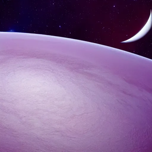 Prompt: close - up of a purple planet from the space with a moon, seas mountains and clouds on its surface,